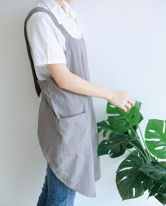 Japanese Linen Cross Back Kitchen Cooking Aprons for Women with Pockets Cute for Baking Painting Gardening Cleaning Gray