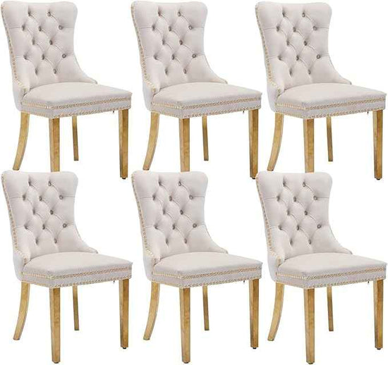Beige Velvet Dining Chairs Set of 6, Upholstered Dining Room Chairs with Back Ring Pull Trim and Golden Stainless Steel Legs,Modern Kitchen Chairs for Dining Room,Living Room,Kitchen(Beige)