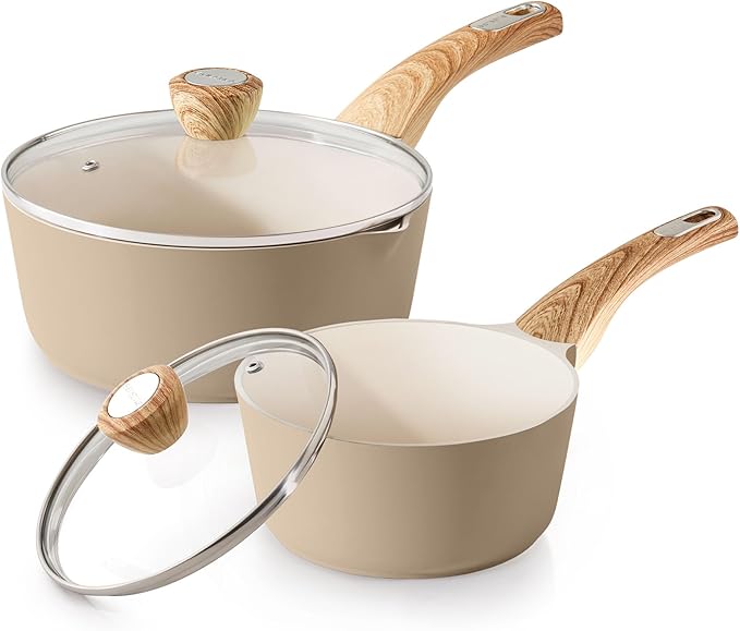 SENSARTE 2.0 & 3.0 Quart Ceramic Sauce Pan Sets with Lid, Cooking Pots Set, Nonstick Saucepan Set with Pour Spout, Small Kitchen Pot, Non toxic Saucepot, Induction Comptable, PFOA PTFE PFAS PFOA Free