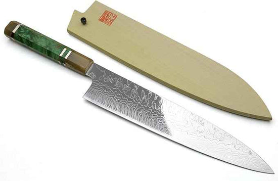 Yoshihiro Damascus SG2 (R2) Semi-Stainless Gyuto Chefs Knife (10.5'' (270mm), Stabilized Maple Burl Handle & Triple Ring)