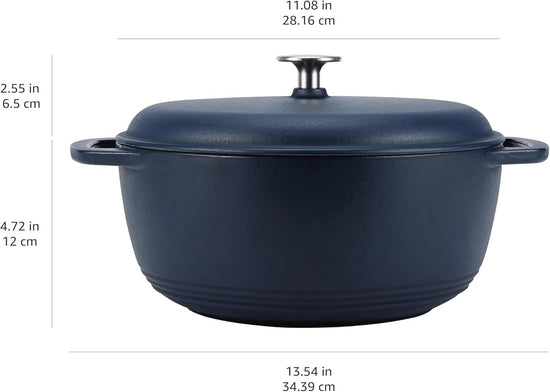 Amazon Basics Cast Iron Dutch Oven Pot with Lid, Enameled, Round, Dual Handles, Heavy-Duty, Medium, 6-Quart, Matte Navy - Nestoria