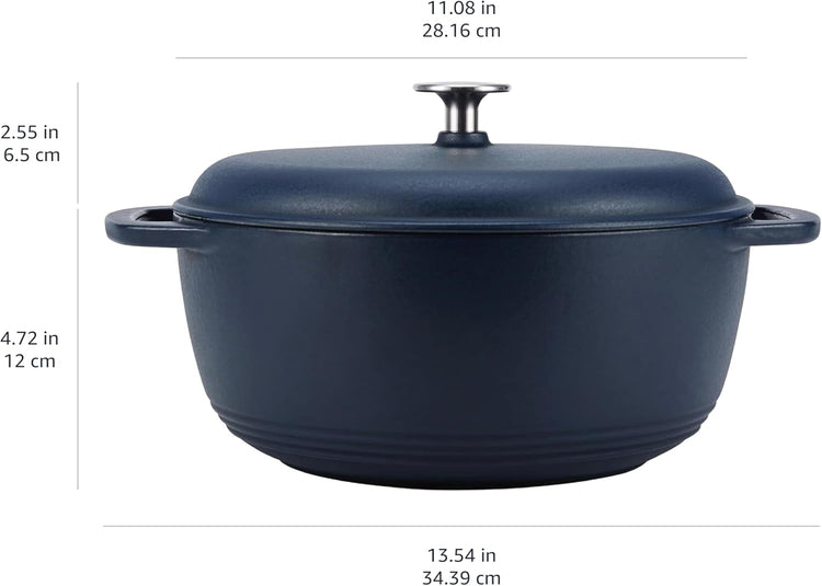 Amazon Basics Cast Iron Dutch Oven Pot with Lid, Enameled, Round, Dual Handles, Heavy-Duty, Medium, 6-Quart, Matte Navy - Nestoria