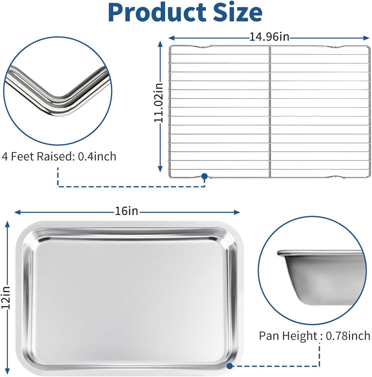 Baking Sheet with Rack Set of 4 (2 Pans + 2 Racks), 16 x 12 x 1 Inch Stainless Steel Cookie Pan with Cooling Rack, Non Toxic & Dishwasher Safe & Easy Clean for Baking, Cooling, Meats, Veggies