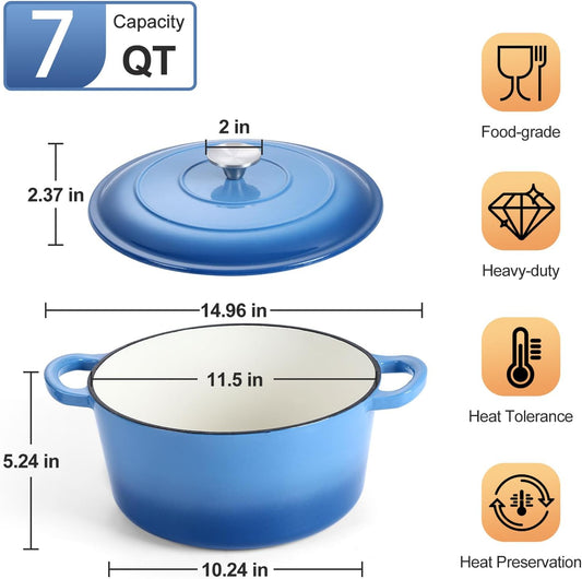 P&P CHEF 7QT Enameled Dutch Oven, Cast Iron Dutch Oven Pot with Lid for Bread Baking, Enameled Casserole Pot for Roasting Braising Stewing Frying Simmering, Various Stoves & Easy Clean, Blue - Nestoria