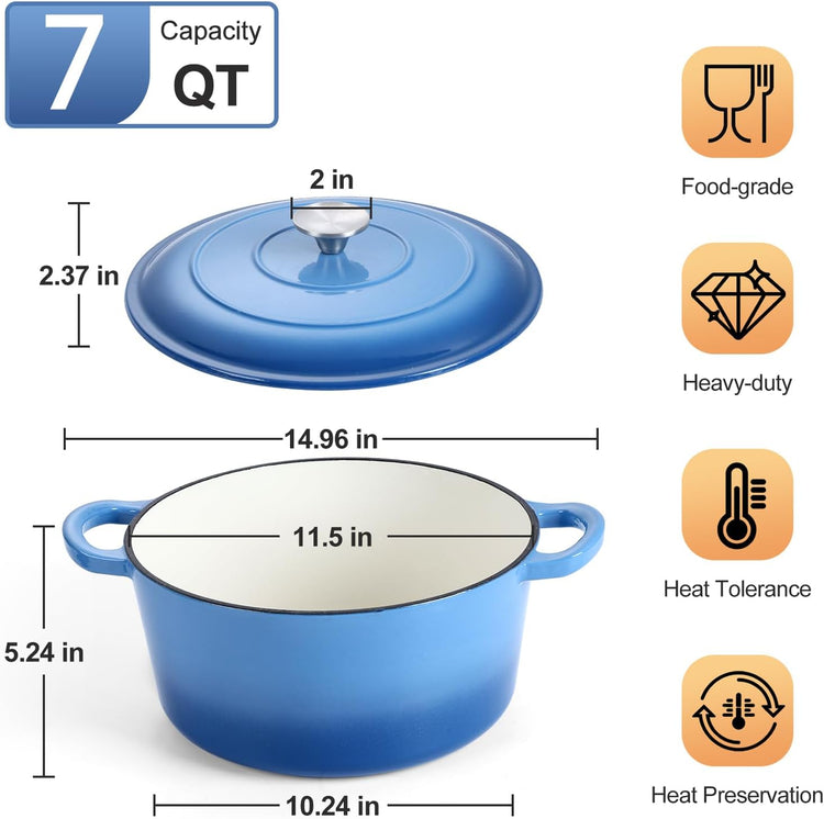 P&P CHEF 7QT Enameled Dutch Oven, Cast Iron Dutch Oven Pot with Lid for Bread Baking, Enameled Casserole Pot for Roasting Braising Stewing Frying Simmering, Various Stoves & Easy Clean, Blue - Nestoria