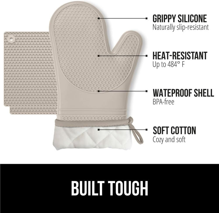GORILLA GRIP BPA-Free Soft Silicone Oven Mitts and Pot Holders Sets of 4, Heat Resistant Waterproof Cooking Gloves, Thick Cotton Lining, Flexible Gripping for Baking Grilling, Kitchen Trivets, Almond