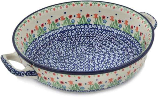 Polmedia Polish Pottery Round Baker with Handles 10-inch - Babcia's Garden Pattern Handmade in Boleslawiec Poland by Ceramika Artystyczna + Certificate of Authenticity