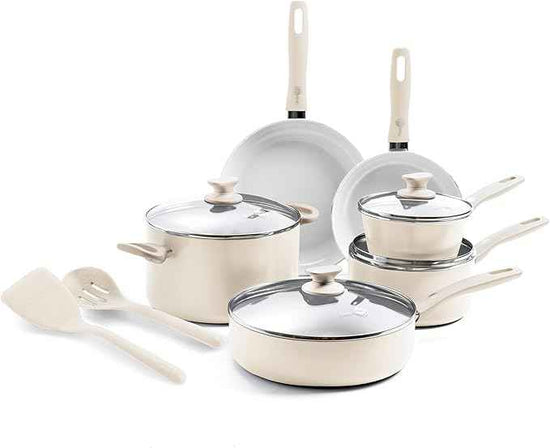 GreenPan Dover Healthy Ceramic Nonstick, 12 Piece Cookware Pots and Pans Set, PFAS-Free, Dishwasher Safe, Comfort Grip Handle, Cream White