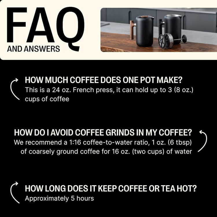 Fellow Clara French Press Coffee Maker - Portable Stainless Steel Coffee Press, Insulated Manual Brewer, Matte Black with Walnut, 24 oz Carafe