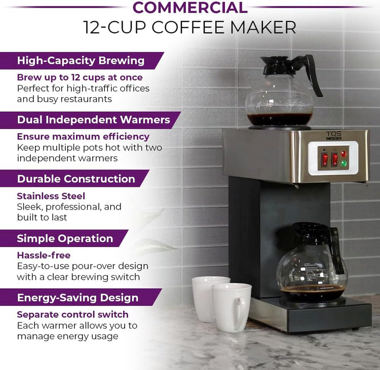 12-Cup Commercial Coffee Maker Stainless Steel - Double Coffee Machine for Office, Restaurant, Industrial Use - 110V High Capacity Office Coffee Maker - TQS Cafe