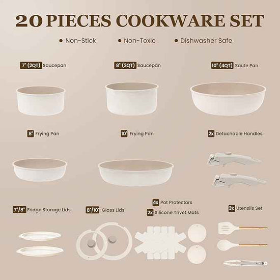 KIKCOIN Nonstick Pots and Pans Set, 20 Pack Ceramic Cookware Set with Detachable Handle, Induction RV Kitchen Cooking Set with Removable Handle, Frying Pans - Dishwasher/Oven Safe, PFOA Free