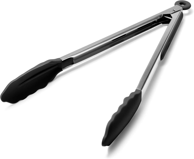 Doosu Kitchen Tongs for Cooking - 600°F Heat Resistant Food Tong with Non-Scratch Silicone Tips, Heavy Duty Stainless Steel Locking Tong for BBQ, Grilling Steak, Serving Salad, Pasta (12in, Black)