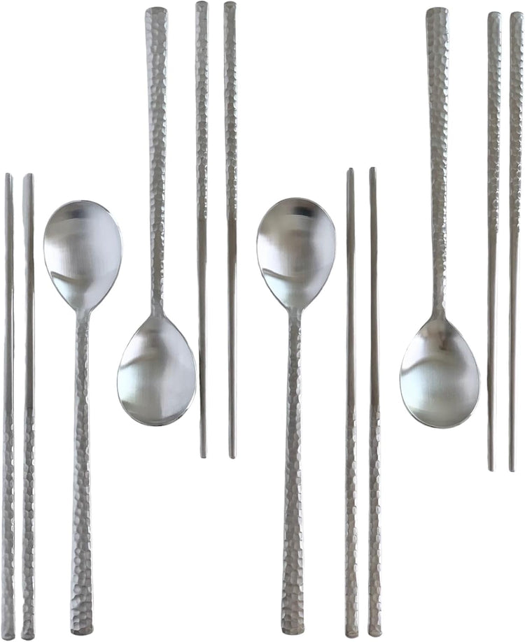 Korean Made Silver Glossy Hammered Stainless Steel Korean Spoon & Chopstick SET Gift for Mom (4SET)