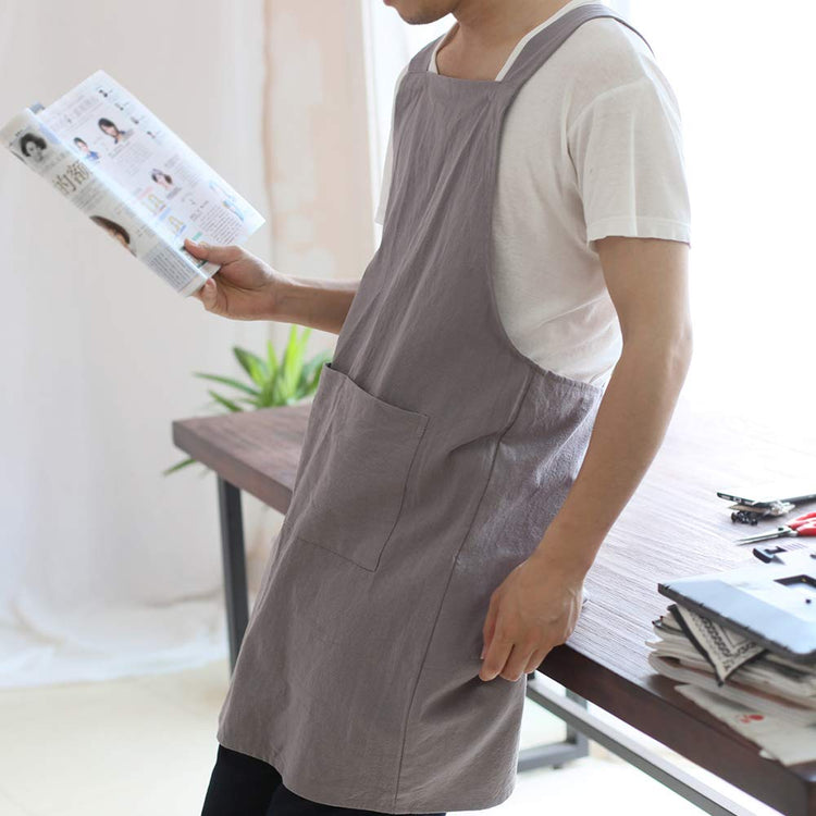 Japanese Linen Cross Back Kitchen Cooking Aprons for Men with Pockets for Baking Painting Gardening Cleaning Gray