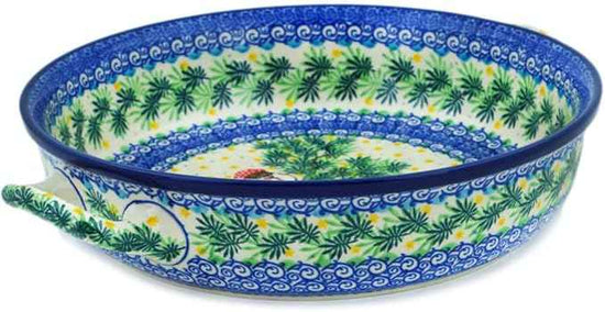 Polmedia Polish Pottery Round Baker with Handles 10-inch UNIKAT - Cozy Bullfinch Pattern Handmade in Boleslawiec Poland by Ceramika Artystyczna + Certificate of Authenticity