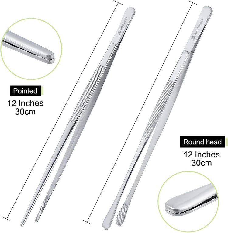 MSY BIGSUNNY Stainless Steel Food Tweezers Multi-function Cooking Tongs Kitchen Serving Tong (12" Round & 12" Pointed Tweezers)