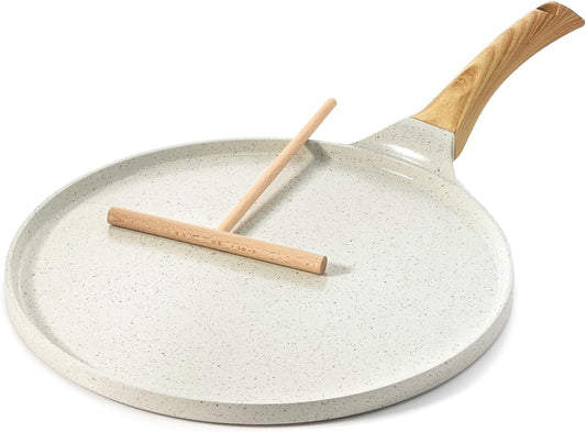 SENSARTE Nonstick Crepe Pan with Spreader, 10-Inch Natural Ceramic Coating Dosa Pan Pancake Flat Skillet Tawa Griddle with Stay-Cool Handle, Induction Compatible (White)