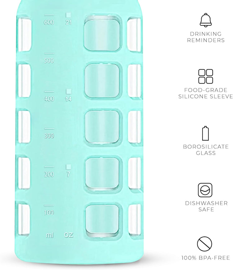 purifyou 40oz / 32oz / 22oz / 12oz Borosilicate Glass Water Bottle with Time & Volume Markers, Silicone Sleeve, Stainless Steel Lid – Reusable Glass Bottle for Water & Juice (22oz Glow-in-the-Dark)