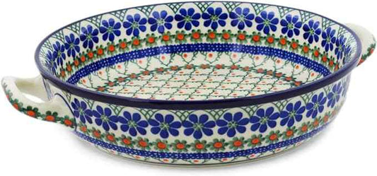 Polmedia Polish Pottery Round Baker with Handles 10-inch - Primrose Trellis Pattern Handmade in Boleslawiec Poland by Ceramika Artystyczna + Certificate of Authenticity