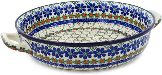Polmedia Polish Pottery Round Baker with Handles 10-inch - Primrose Trellis Pattern Handmade in Boleslawiec Poland by Ceramika Artystyczna + Certificate of Authenticity