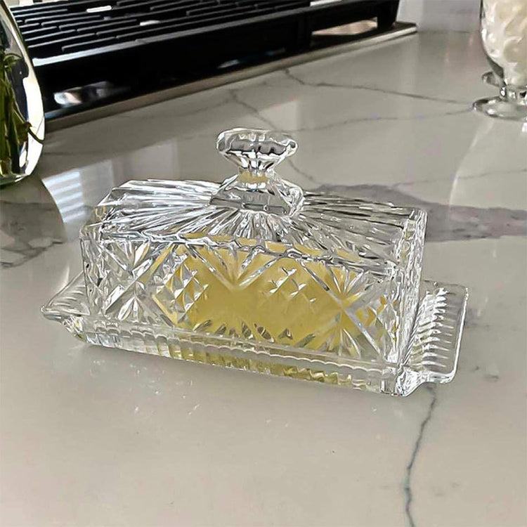 Glass Butter Dish with Lid Handle Butter Keeper Dessert Tray Cake Plate Crystal Covered Butter Dish for Home Kichen Candy