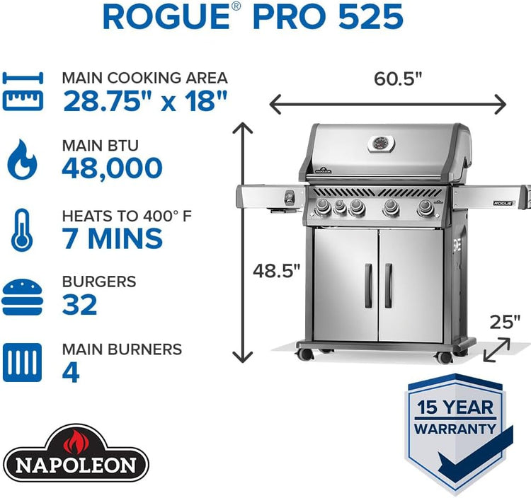 Napoleon Rogue PRO 525 Propane Gas Grill with Infrared Side Burner, Stainless Steel, Durable 5-Burner Outdoor BBQ