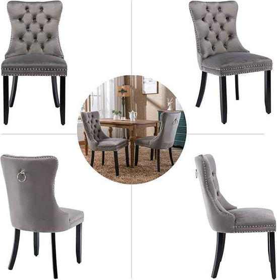 Grey Velvet Dining Chairs Set of 2, Upholstered Dining Room Chairs with Back Ring Pull Trim and Solid Wood Legs,Tufted Wingback Kitchen Chairs for Dining Room,Living Room,Kitchen(Grey)