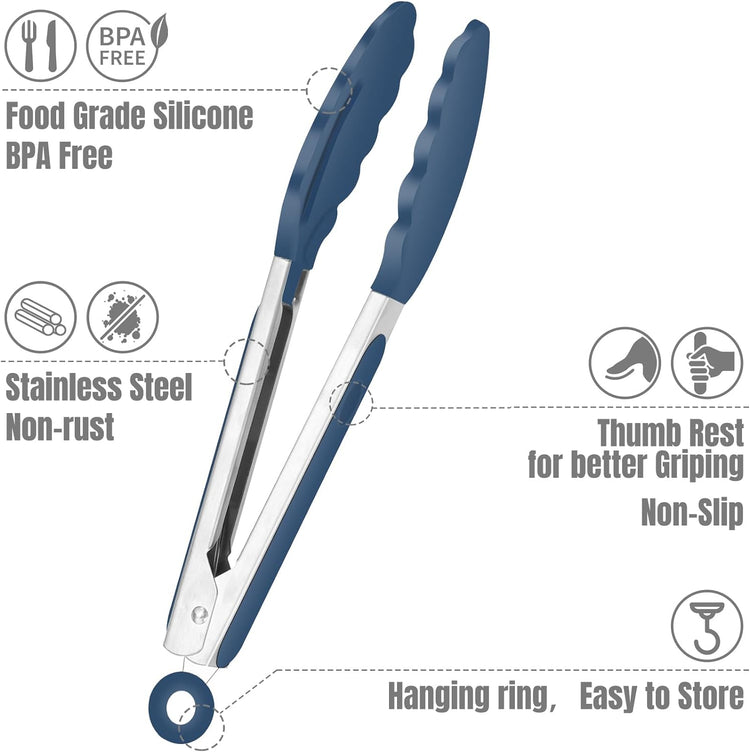 Hotec Mini Silicone Kitchen Tongs for Cooking - 7-Inch Small Serving Tongs with Silicone Tips, Set of 3 (Blue)