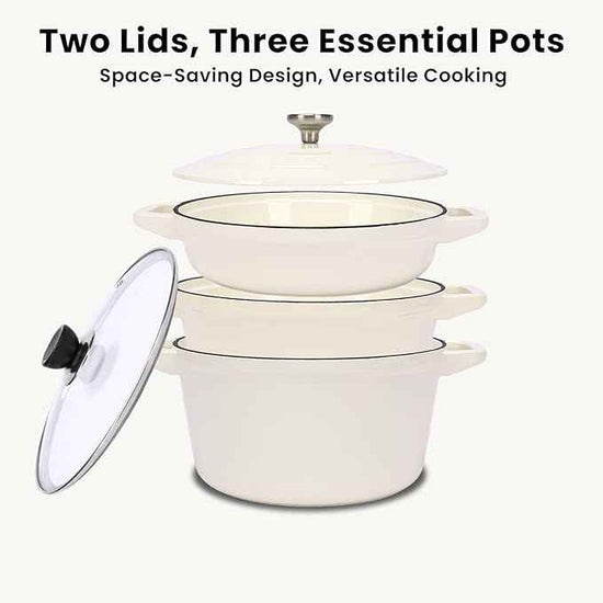 QuliMetal Enameled Cast Iron Set 5-Pc, 10" Stackable Space-Saving Cookware Set, Dutch Oven, Skillet, Grill Pan, with 2 Universal Lid, Versatile Enamel Dutch Oven, Included Spacers, White
