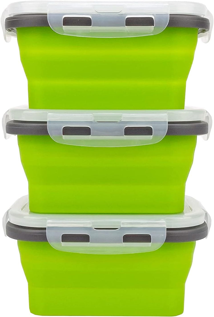 CCyanzi 3piece Collapsible Food Storage Containers with Lids, Silicone Lunch Container, Microwave & Freezer Safe, Space Saving for Kitchen Cabinet and Camping Backpack,(green gray)