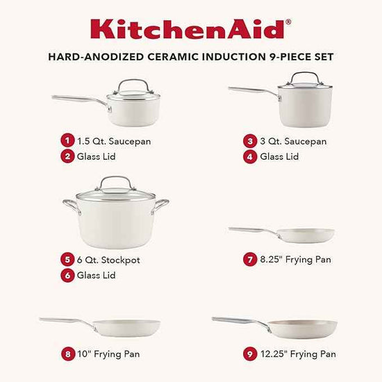 KitchenAid Hard Anodized Ceramic Induction Nonstick Pots and Pans with Saucepans, Frying Pans, Stockpot, and Lids, Dishwasher Safe, 9 Piece Cookware Set with Stainless Steel Handles - Porcelain White
