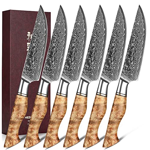 6PCS Kitchen Knife Set Professional Forged Damascus High Carbon Steel Steak Knife Figured Sycamore Wood Handle (6 Count)