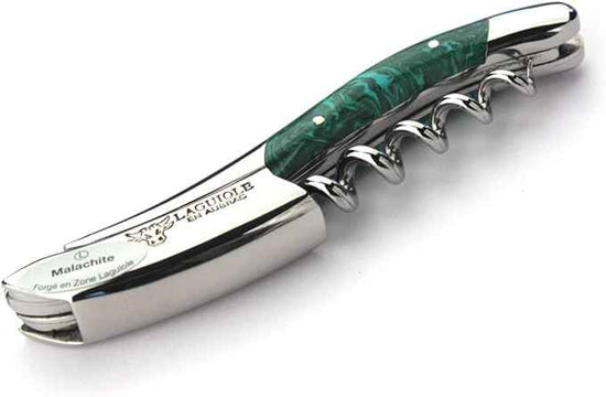 Laguiole en Aubrac corkscrew sommelier waiters knife 3 functions SOM99PMI malachite handle, stainless steel shiny