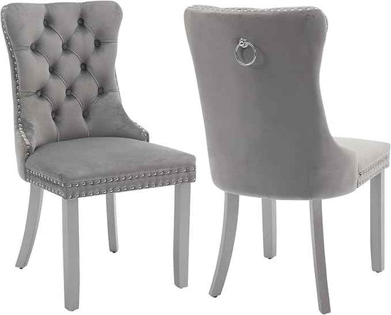 Velvet Dining Chairs Set of 2, Kitchen & Dining Room Chairs, Upholstered Dining Chairs with Back Ring Pull and Silver Solid Wood Legs, Modern Tufted Kitchen Chairs for Dining Room, Light Grey