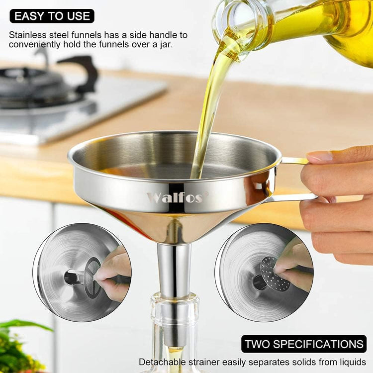 Large Stainless Steel Funnel, Walfos Kitchen Funnel with 2 Removable Strainer ＆ 1Pc Cleaning Brush, Perfect for Transferring of Liquid, Oils, Jam, Dry Ingredients & Powder (Big, 5.7")