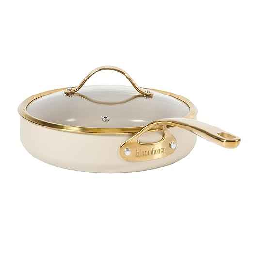 Bloomhouse - Two Time Oprah's Favorite Things Winner - 10 Inch Heavy Duty Aluminum Premium PFA Free Ceramic Nonstick Saute/Deep Frying Pan Skillet with Lid - Almond Cream w/Gold Handle