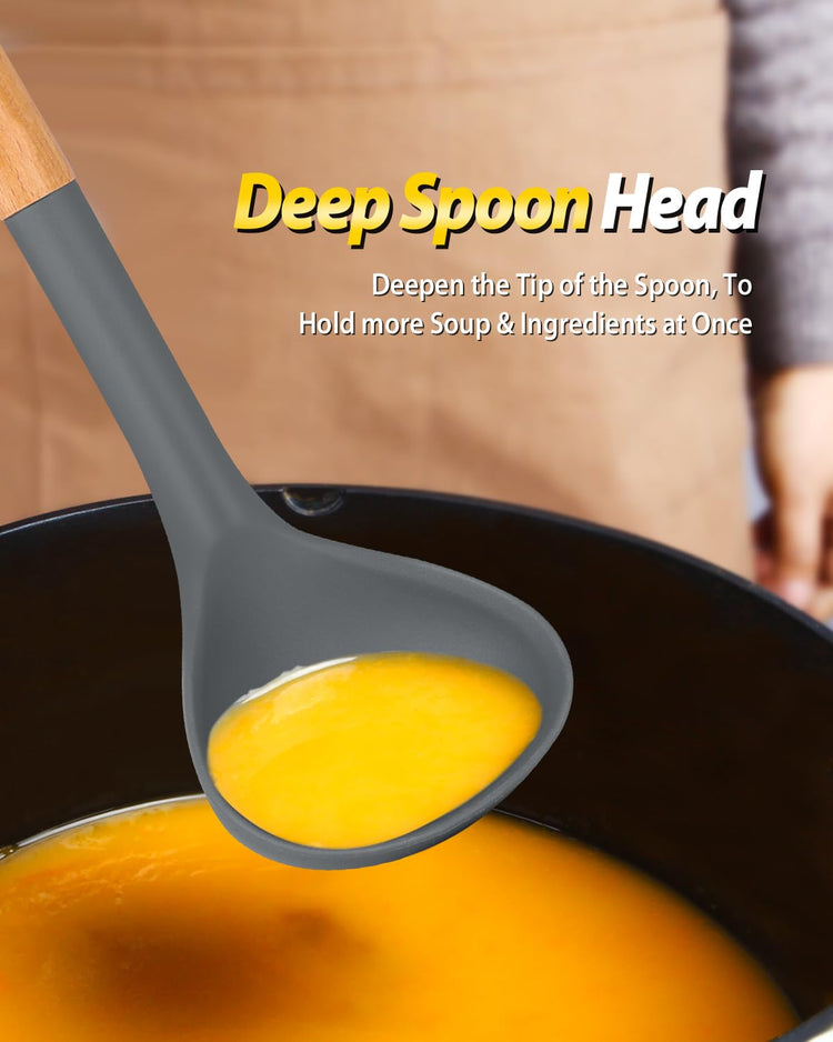 Silicone Pasta Fork and Ladle Spoon Set with Wooden Handle (2 Count)