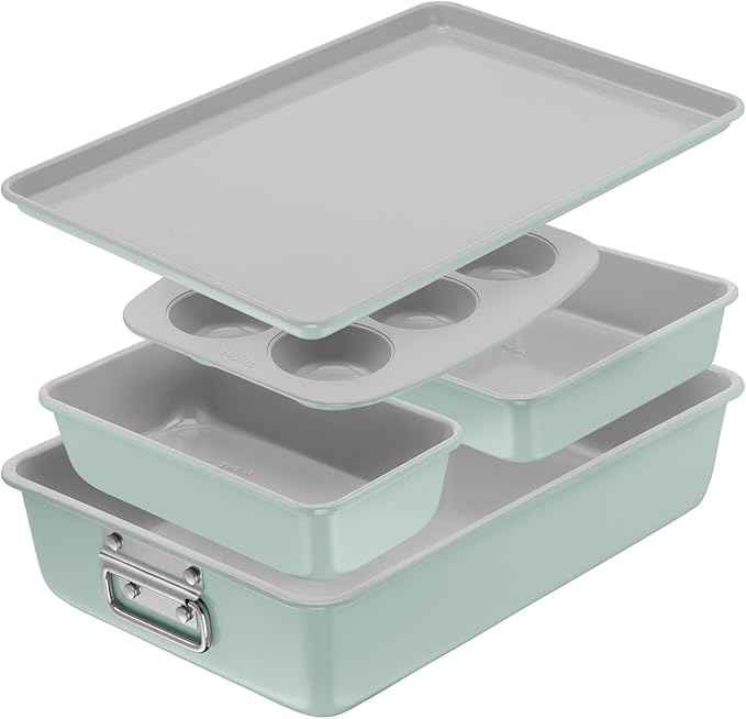 T-fal Refresh Ceramic Nonstick Baking Pans Set (5 Pieces), Roaster, 6-Cup for Muffins, Loaf, Square Baking Sheets Non Stick, Stackable Bakeware Sets, Mint Green