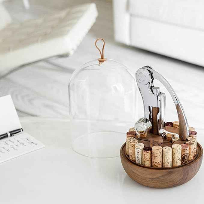 L'atelier Du Vin Oeno Motion Groom Corkscrew & Cork Dome Glass Cloche Display - Tabletop Centerpiece Walnut Wood Base Wine Tasting, Luxury Sommelier Gift Set, Wine Bottle Opener Designed In France