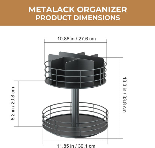 Snack Organizer - Versatile Snack Storage 2 Tier Lazy Susan with Convenient Grab-and-Go Design, Metal Snack Holder for Home, Office, Breakroom, 11.85" L x 11.85" W x 13.3" H (Matte Black)