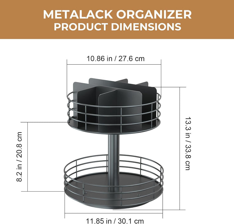 Snack Organizer - Versatile Snack Storage 2 Tier Lazy Susan with Convenient Grab-and-Go Design, Metal Snack Holder for Home, Office, Breakroom, 11.85" L x 11.85" W x 13.3" H (Matte Black)