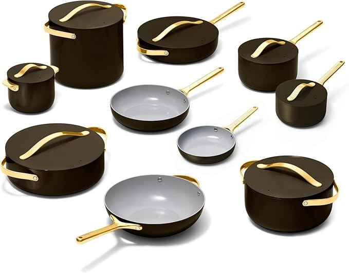 Caraway 24-Piece Nonstick Ceramic Cookware Set - Includes Fry Pans, Sauce, Sauté Pan, Dutch Oven, Petite Cooker, Stir Fry, Rondeau, Stock Pot, Lids & Storage Organizers - Black
