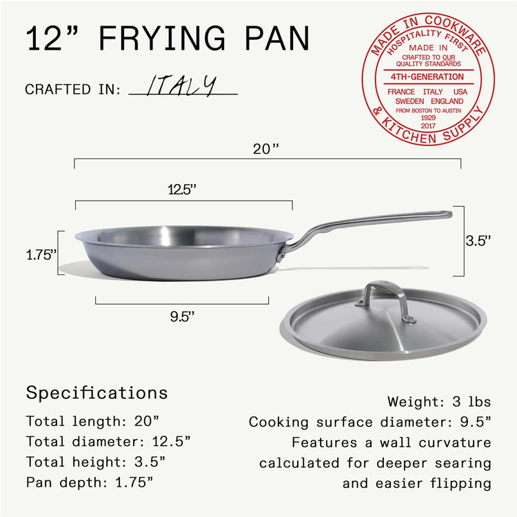 Cookware - 12-Inch Stainless Steel Frying Pan With Lid - 5 Ply Stainless Clad - Professional Cookware - Crafted in Italy - Induction Compatible