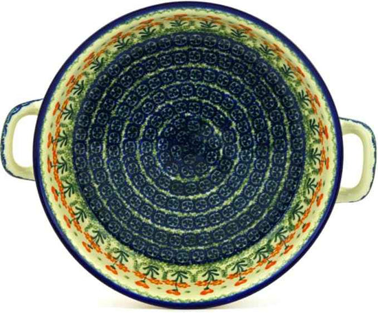 Polmedia Polish Pottery Round Baker with Handles 10-inch - Peach Spring Daisy Pattern Handmade in Boleslawiec Poland by Ceramika Artystyczna + Certificate of Authenticity