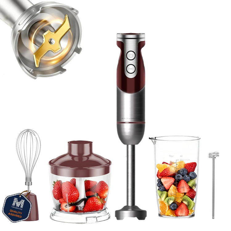 5-in-1 Immersion Hand Blender, Titanium Reinforced Blades (80% Sharper), 12-Speed Powerful Stick Blender with 500ml Chopper, 600ml Beaker, Whisk & Milk Frother for Smoothies, Baby Food & Soup