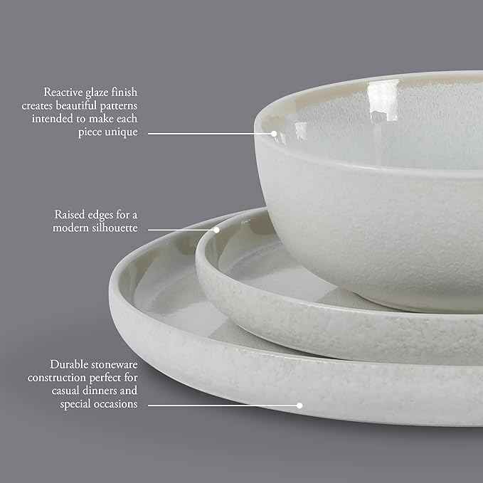 Gibson Elite Tahoe Sunset 12 Piece Stoneware Reactive Glaze (Service for 4) Ceramic Plates and Bowls Dinnerware Set - Cream White