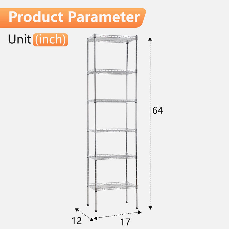 6 Tier Wire Shelving 17L x 12W x 64H Pantry Shelves Storage Rack Shelving Units Adjustable Metal Shelves for Kitchen Commercial Garage Small Places