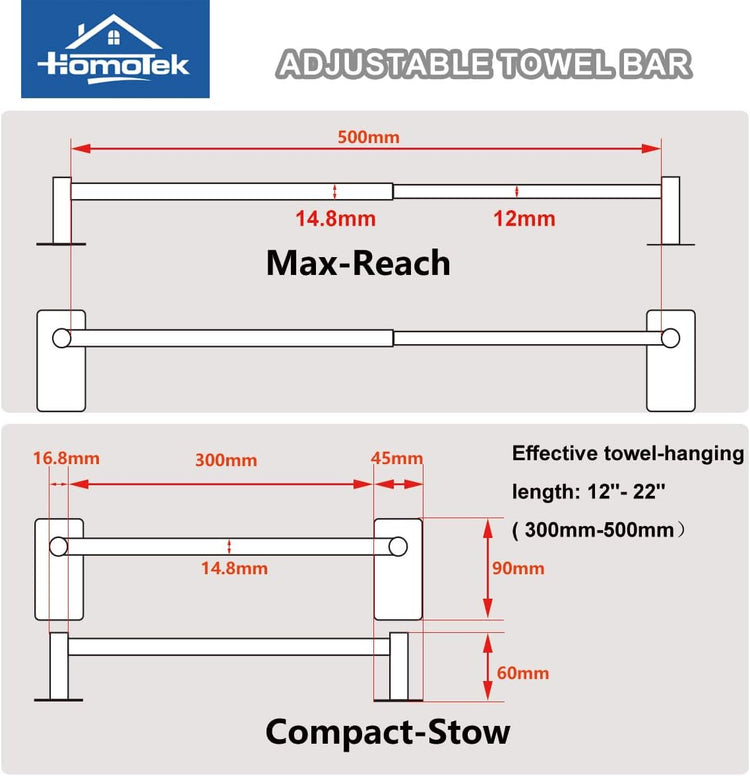 Adhesive Adjustable Towel Bar, HOMOTEK Economical Self Stick Towel Holders, Towel Rod Size from 12 Inch to 22 Inch Single Towel Racks, Towel Hanger Hook for Kitchen(1 Pack Matte Black)
