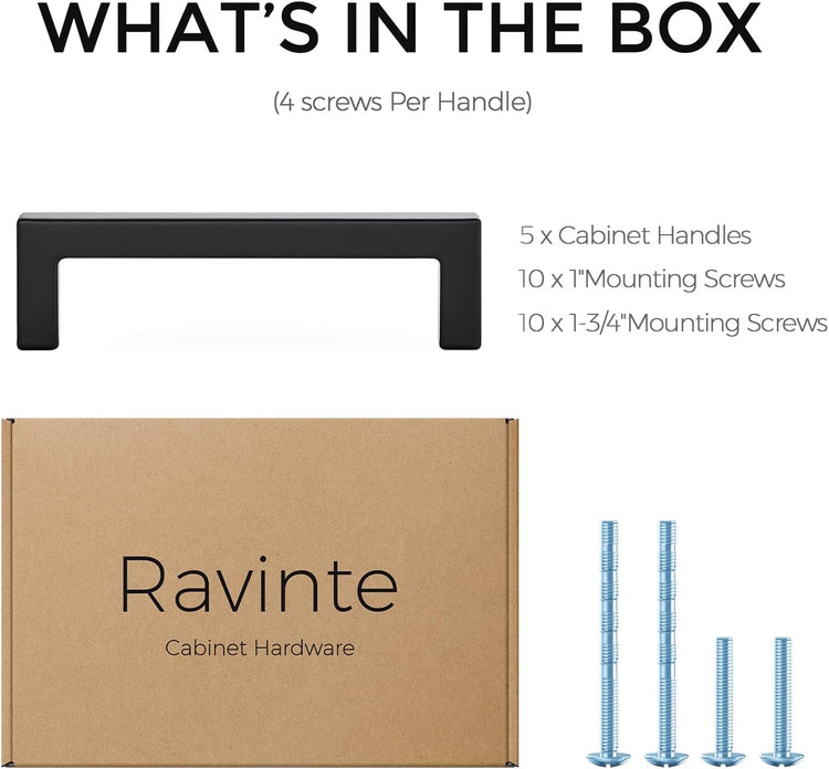 Ravinte 5 Pack Solid 3-1/2 Inch Center to Center Slim Square Bar Drawer Handles Kitchen Cabinet Handles Black Drawer Pulls Kitchen Cabinet Hardware Matte Black