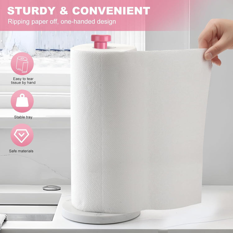 Standing Paper Towel Holder, Kitchen Paper Towel Roll Holder- for Bathroom Kitchen Countertop with Weighted Marble Base for One-Handed Operation (Pink), Pink Paper Towel Holder